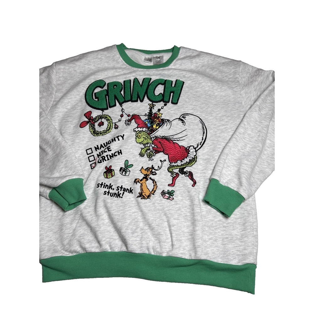 The Grinch embroidered  large Dr. Seuss  Christmas Sweatshirt gray Crew Neck